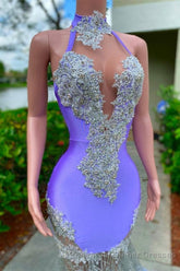 Charming Purple Long Mermaid Halter Satin Tulle Semi Formal Prom Dress
